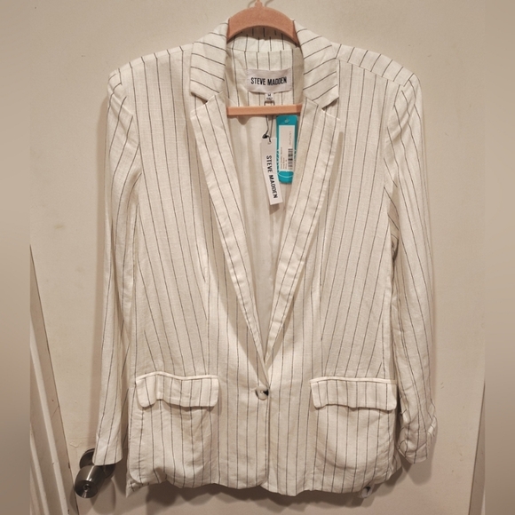 Steve Madden NWT Ivory Stripe Linen Blend Jessa Blazer Suit Jacket Sz M Career - Picture 1 of 7